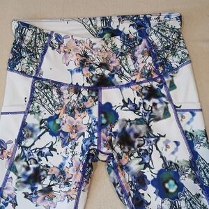 Apana Womens' Medium White Floral Print Leggings with Blue & Pink Accents